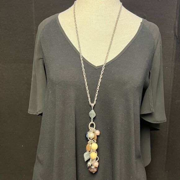 Lia Sophia BAUBLES Retired long textured silver glass & resin beads necklace NWT - Picture 5 of 7